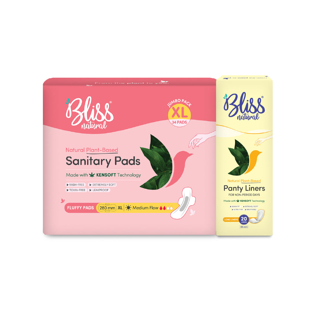 Bliss Natural sanitary pads XL and panty liners combo pack with plant-based materials for medium flow and daily hygiene