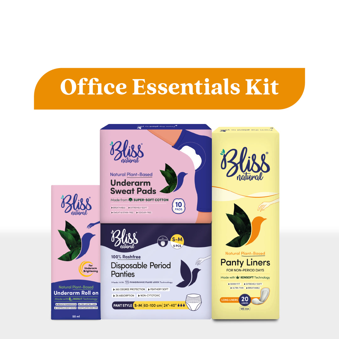 Bliss Natural product packaging, including underarm sweat pads, disposable period panties, and panty liners