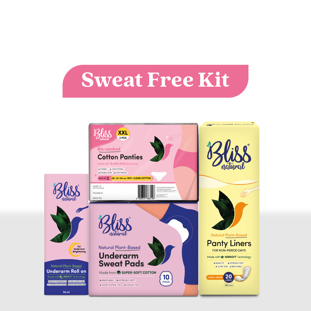 Bliss Natural Sweat Free Kit with Underarn roll on, cotton panties, underarm sweat pads,panty liners.