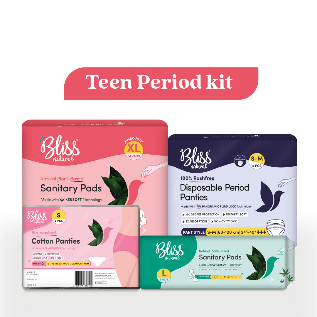 Biss Natural Teen Period kit with Cotton Panties,Disposable period panties, Sanitary pads XL