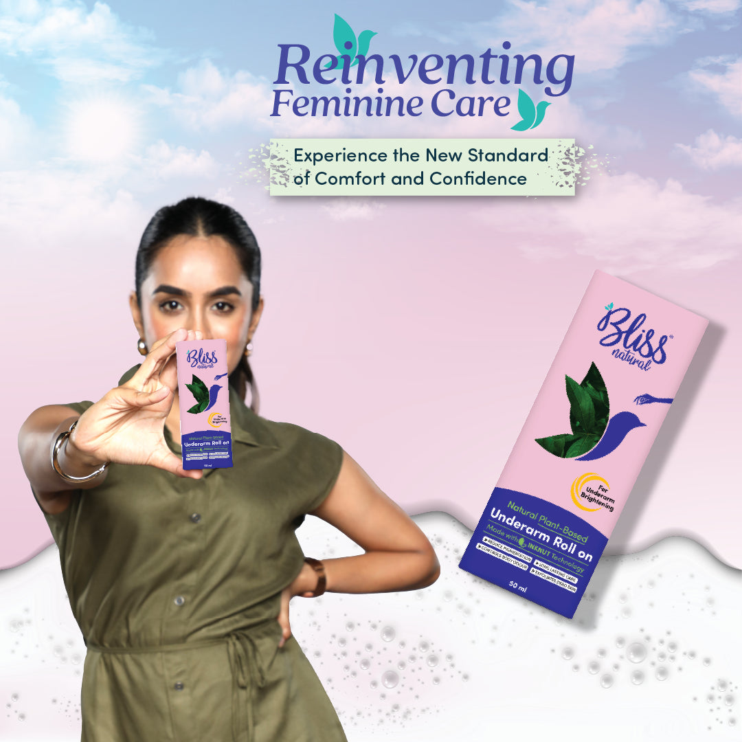 Woman holding a packaging of 'Bliss' underarm roll-on with promotional text about feminine care on a pastel background.