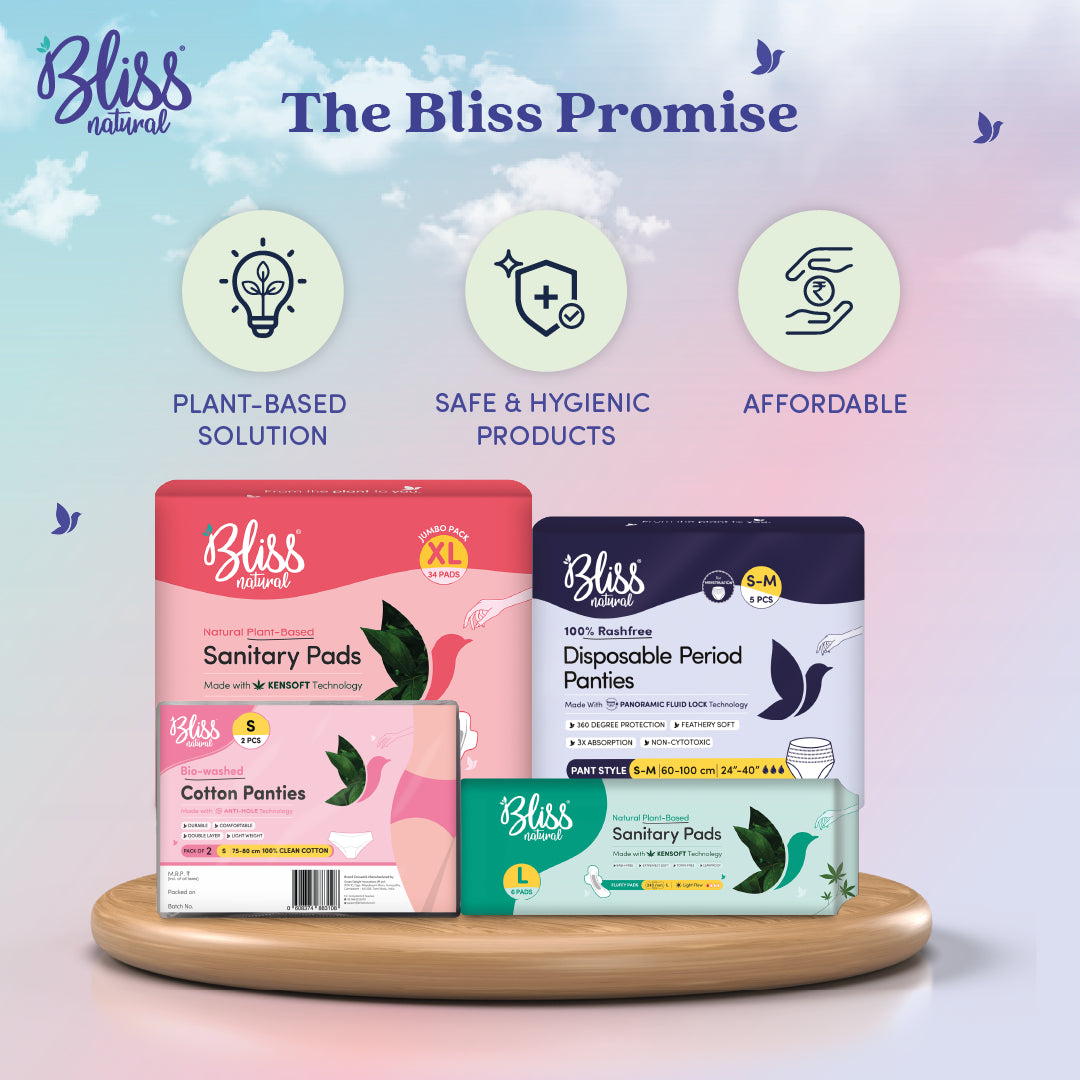 Bliss natural sanitary pads and period panties packaging with 'The Bliss Promise'