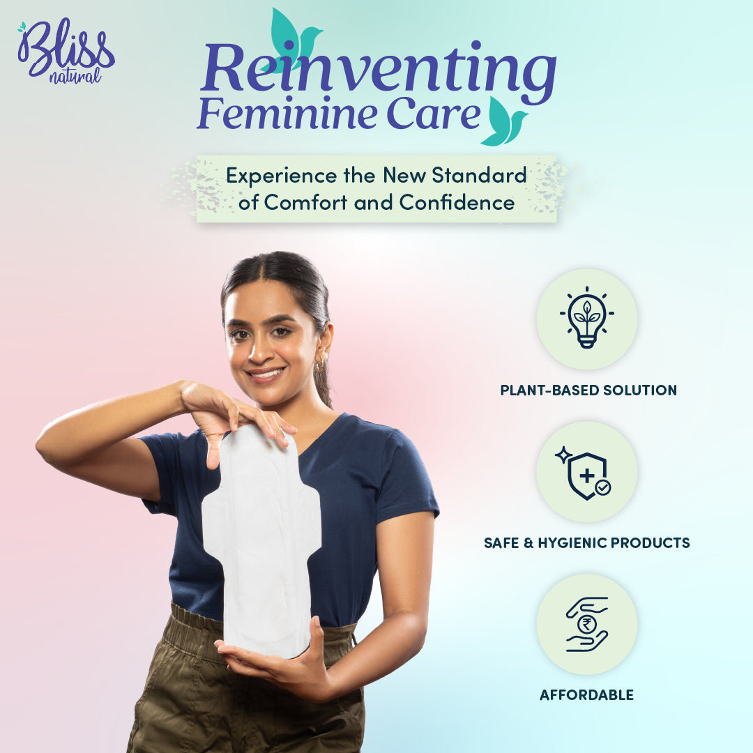 Bliss Natural sanitary pads for heavy flow. Features Logos