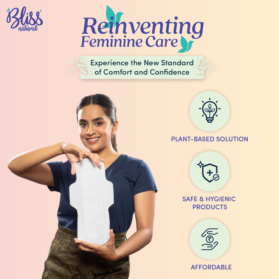 Woman holding a Bliss Natural pad. Icons for plant-based, safe, and affordable feminine care.