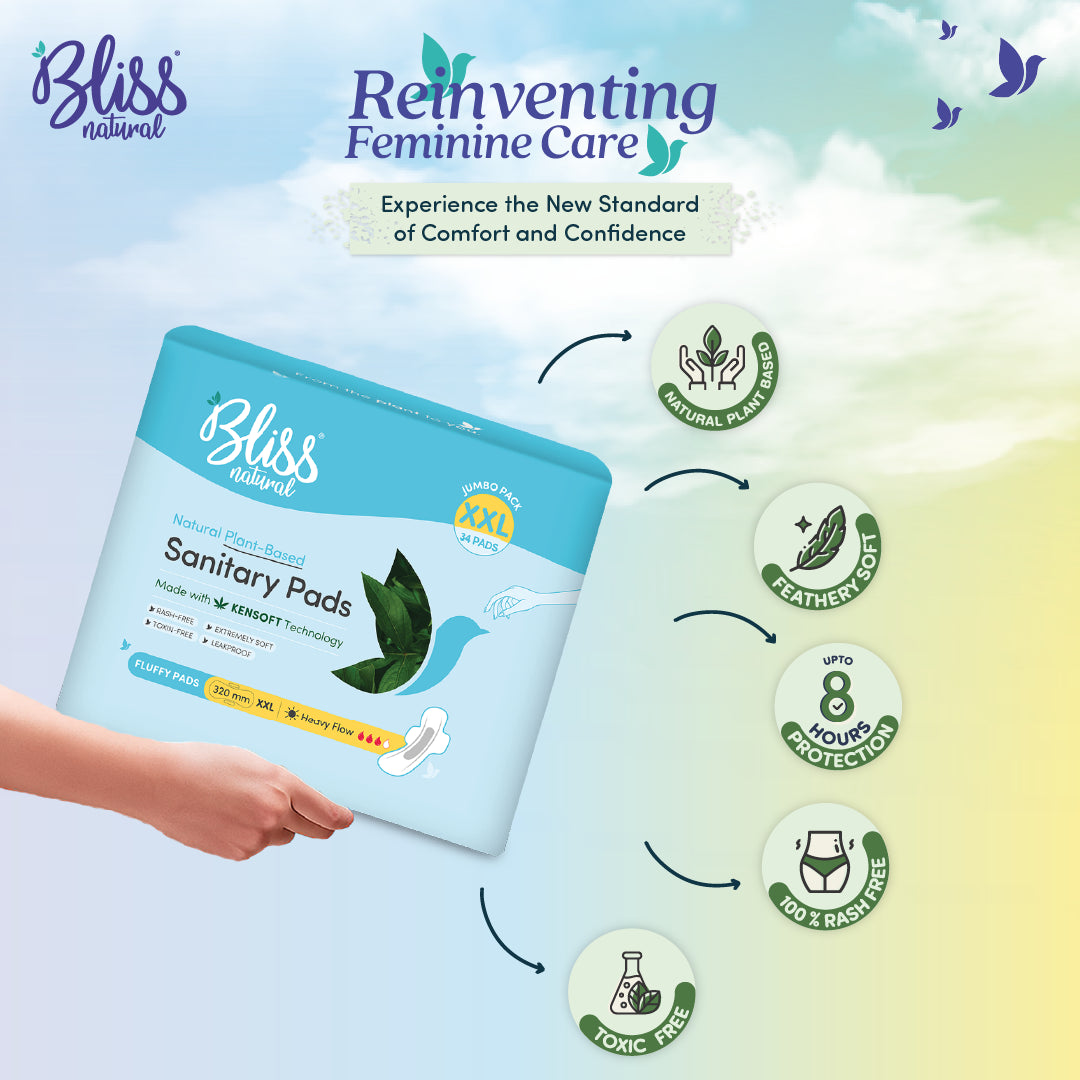 Bliss Natural Plant-Based sanitary pads packaging with product features