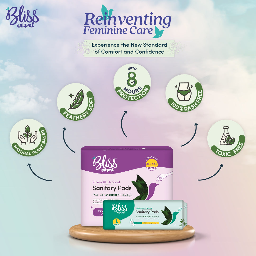 Bliss Natural Plant-Based sanitary pads XL+XXL and L Pads features