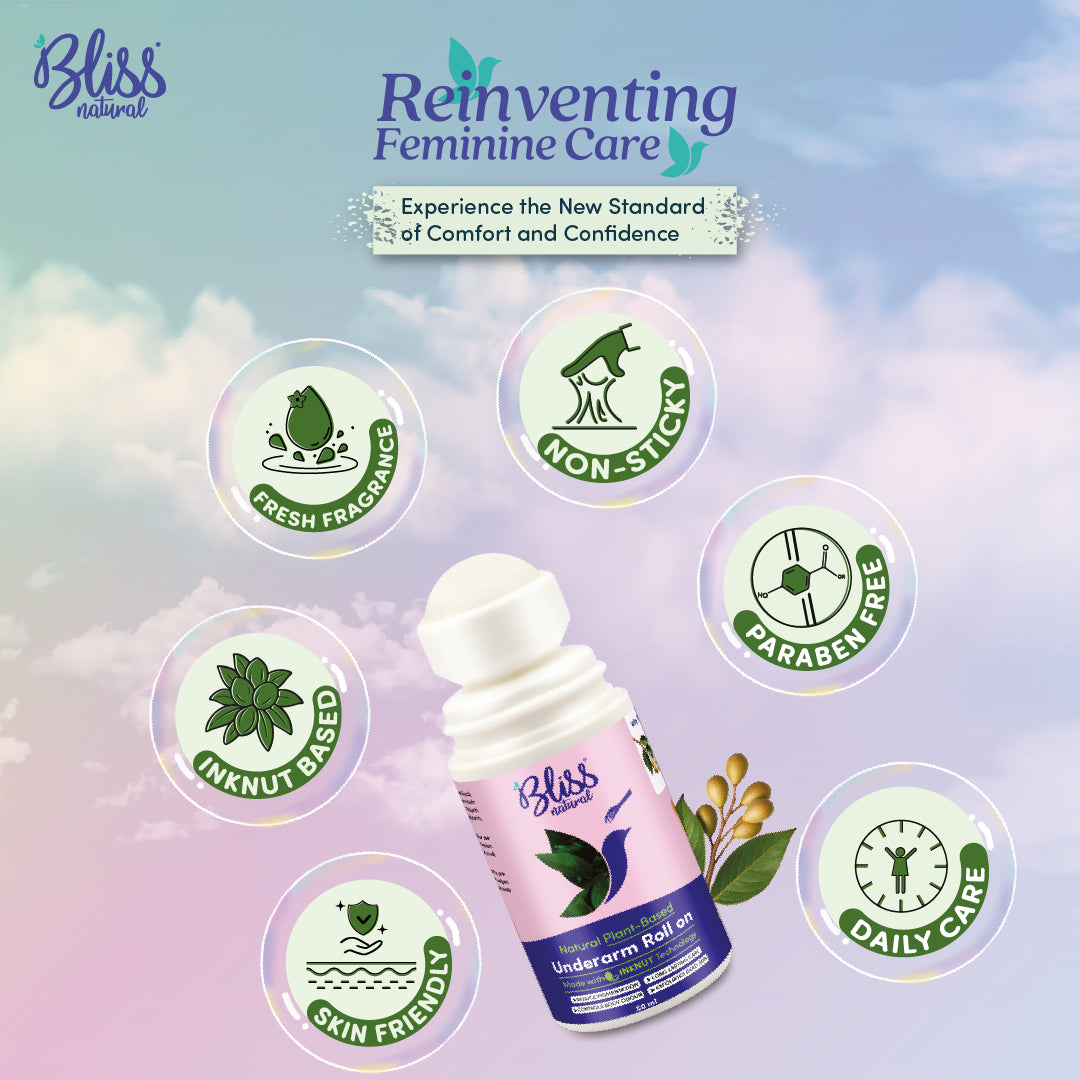 Bliss natural Plant-Based roll-on for women with features Logos
