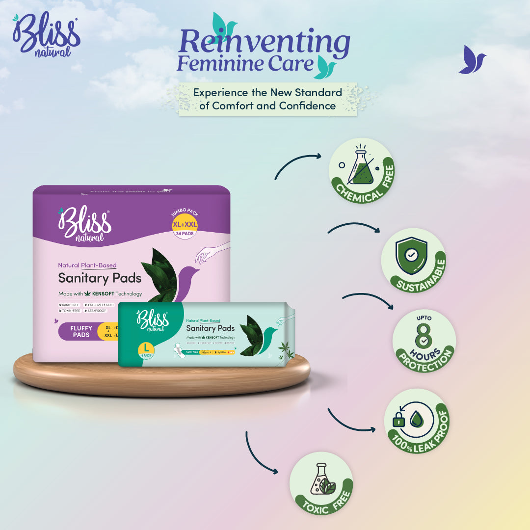Bliss Natural Rash Free Sanitary pads XL + XXL and  L  Features Logos