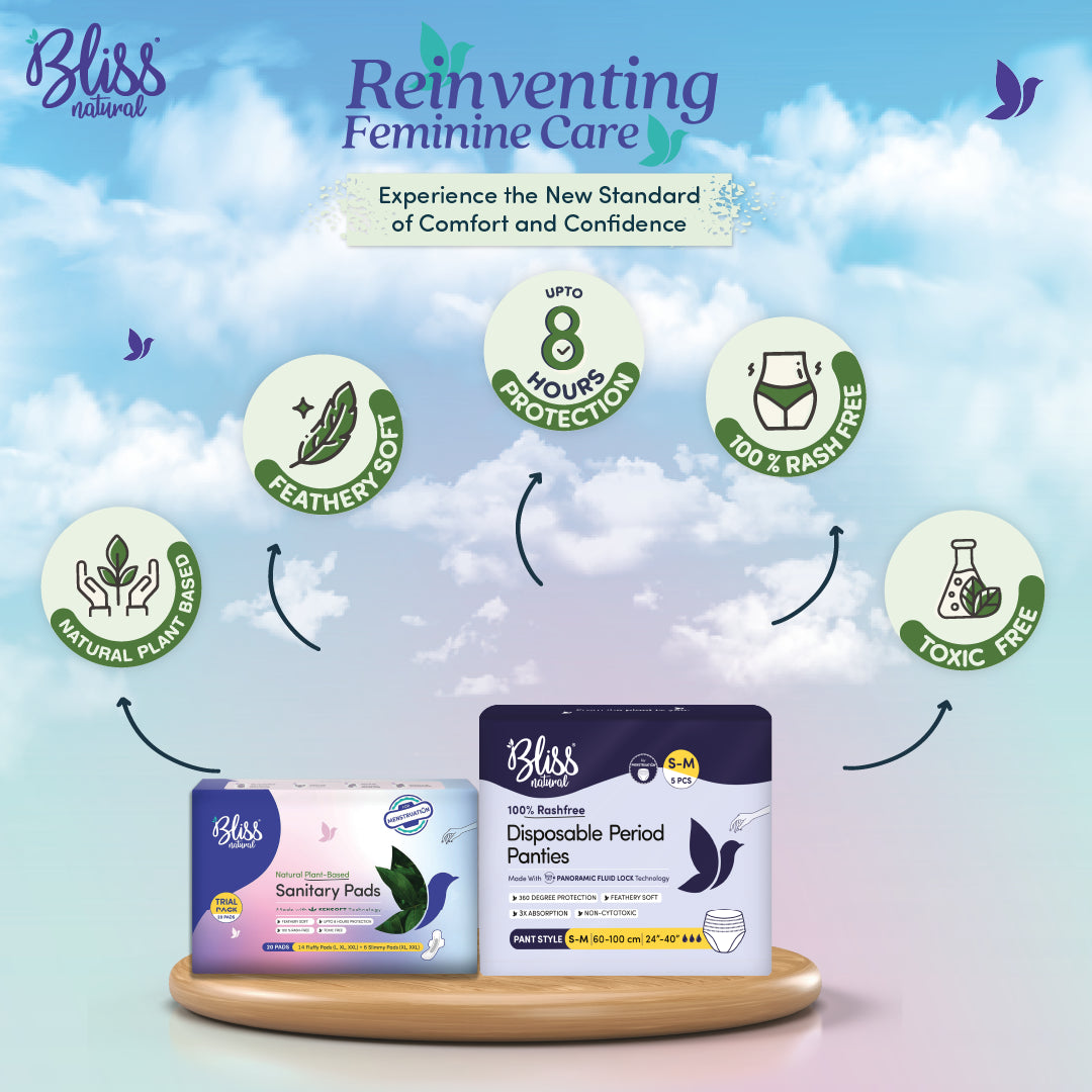 Bliss Natural Rash-Free Sanitary pads and Disposable Period Panties features Logs