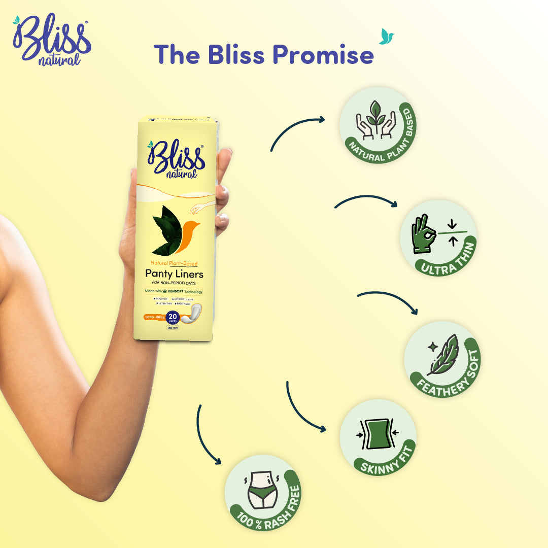 Bliss Natural panty liners features including ultra thin design, rash free comfort, feathery soft feel and skinny fit