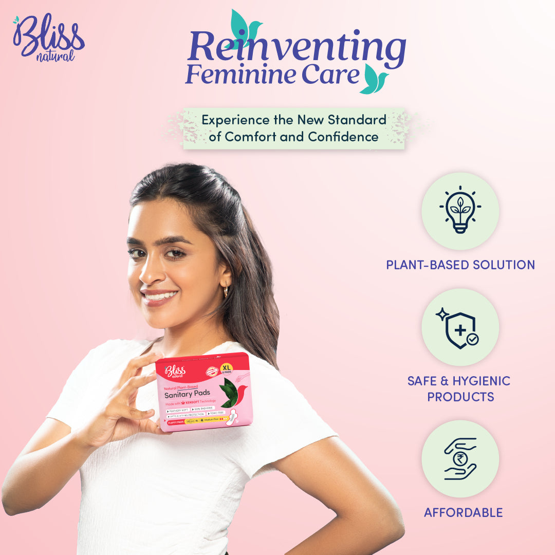 Pack of Bliss natural sanitary pads with plant-based design