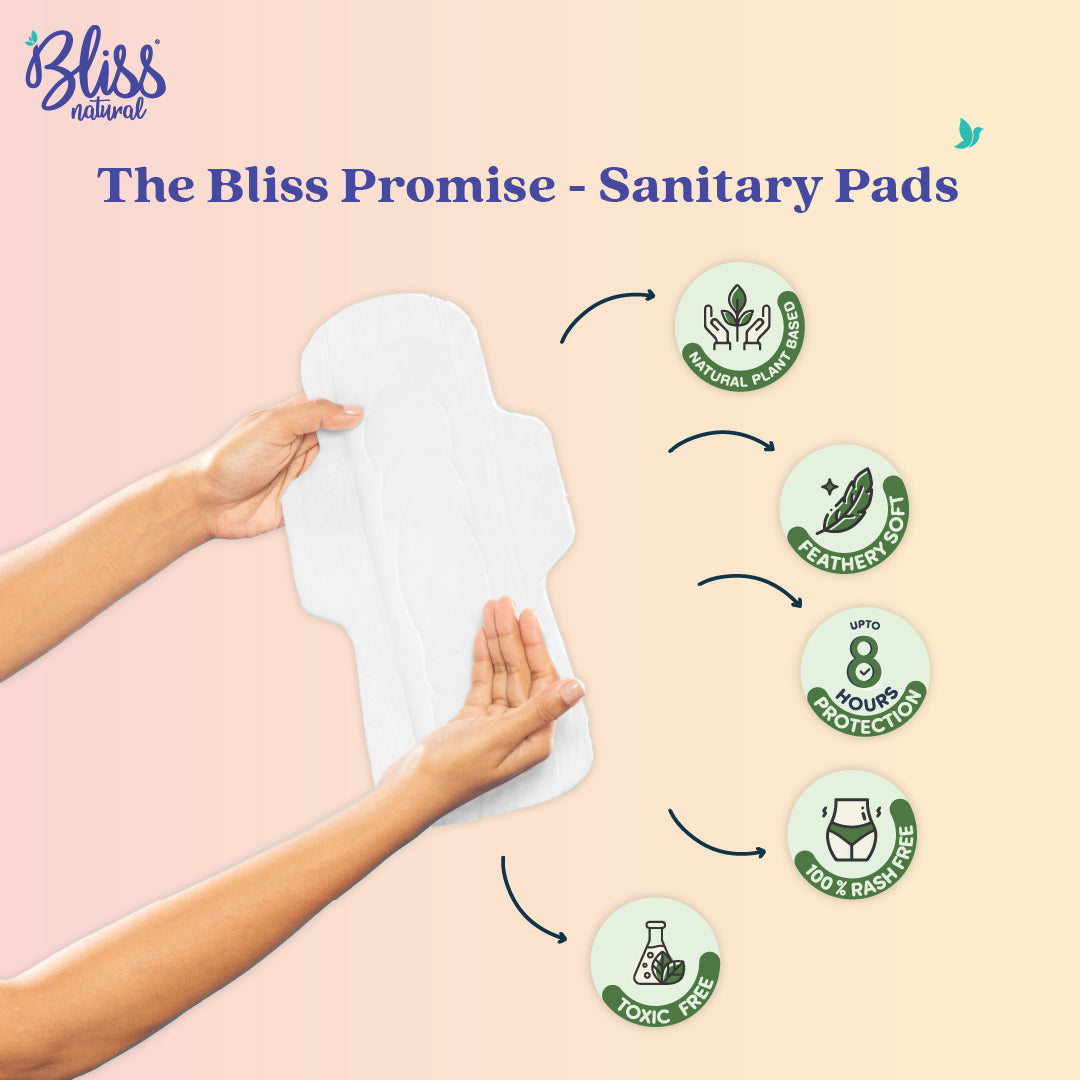 Bliss Natural sanitary pad features: plant-based, soft, 8-hour protection, rash-free, and toxic-free.