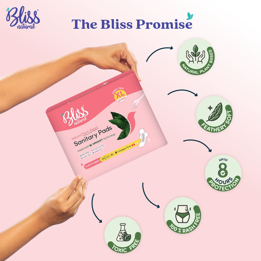 Bliss Natural  Sanitary pads for heavy flow, Jumbo Fluffy  XL pads  Features Logos