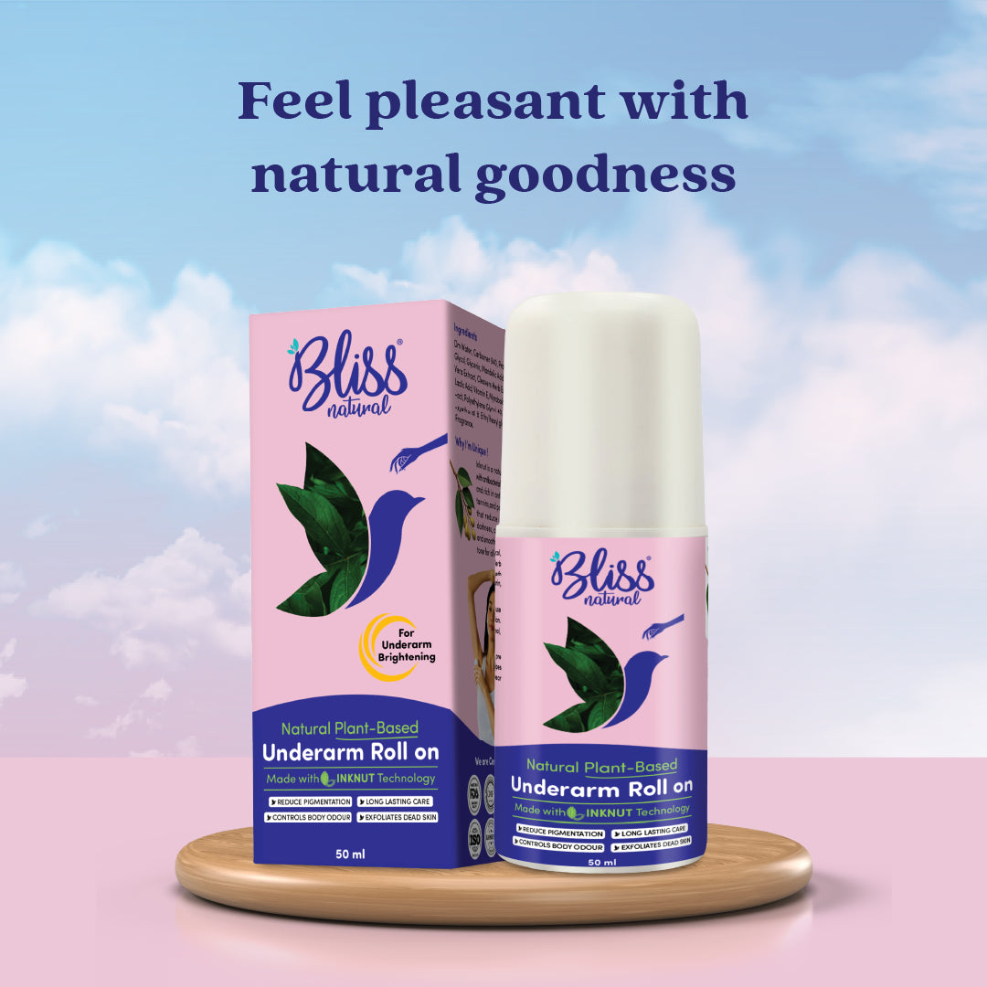 Bliss natural Underarm Roll on with packaging on a pink and blue gradient background