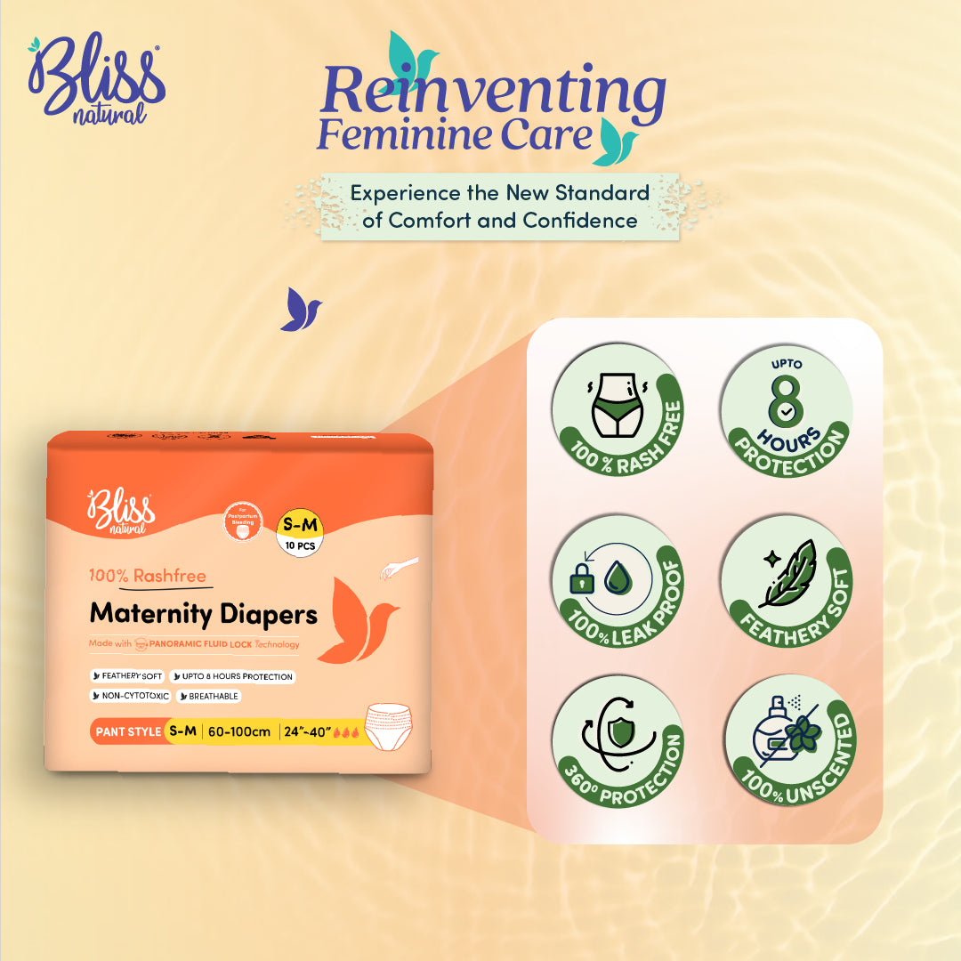Bliss Natural maternity diapers, rash-free, leak-proof, soft, unscented with up to 8 hours protection