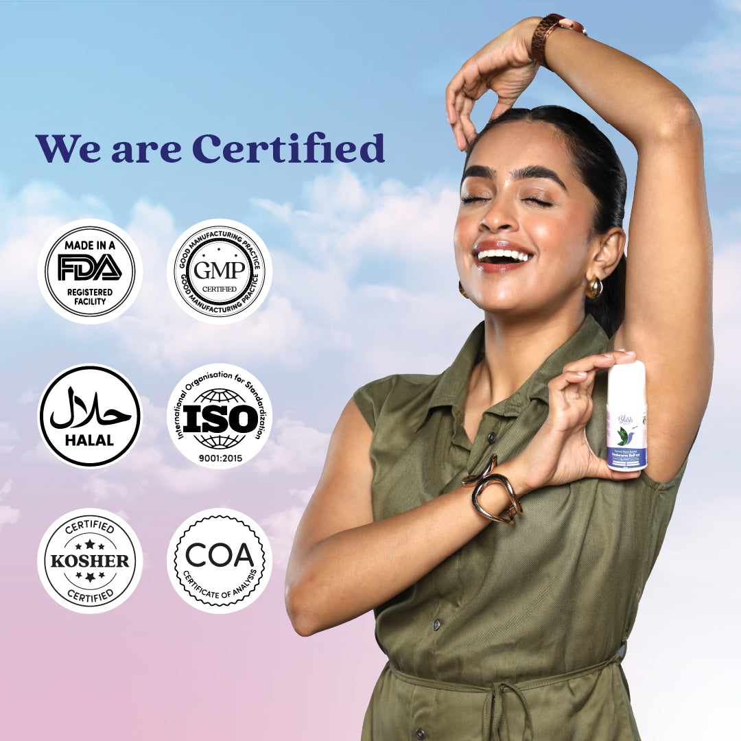 Woman holding a Underarm roll on with certification logos on a gradient background
