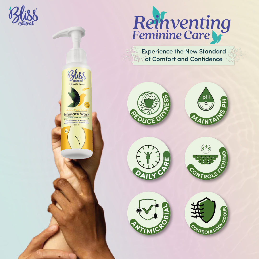 Bliss Natural Plant Based intimate wash with features  Logos