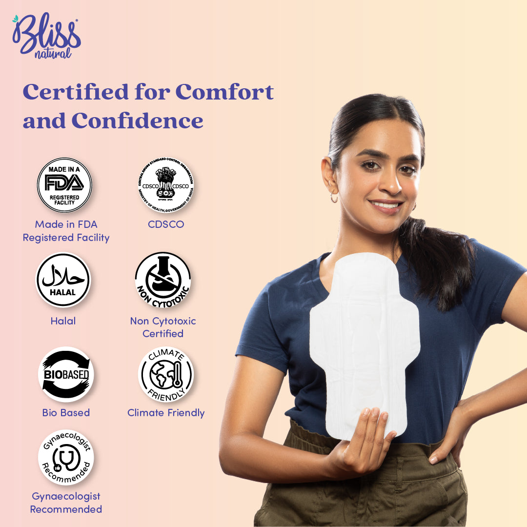 Woman holding a sanitary pad with certification logos on a beige background