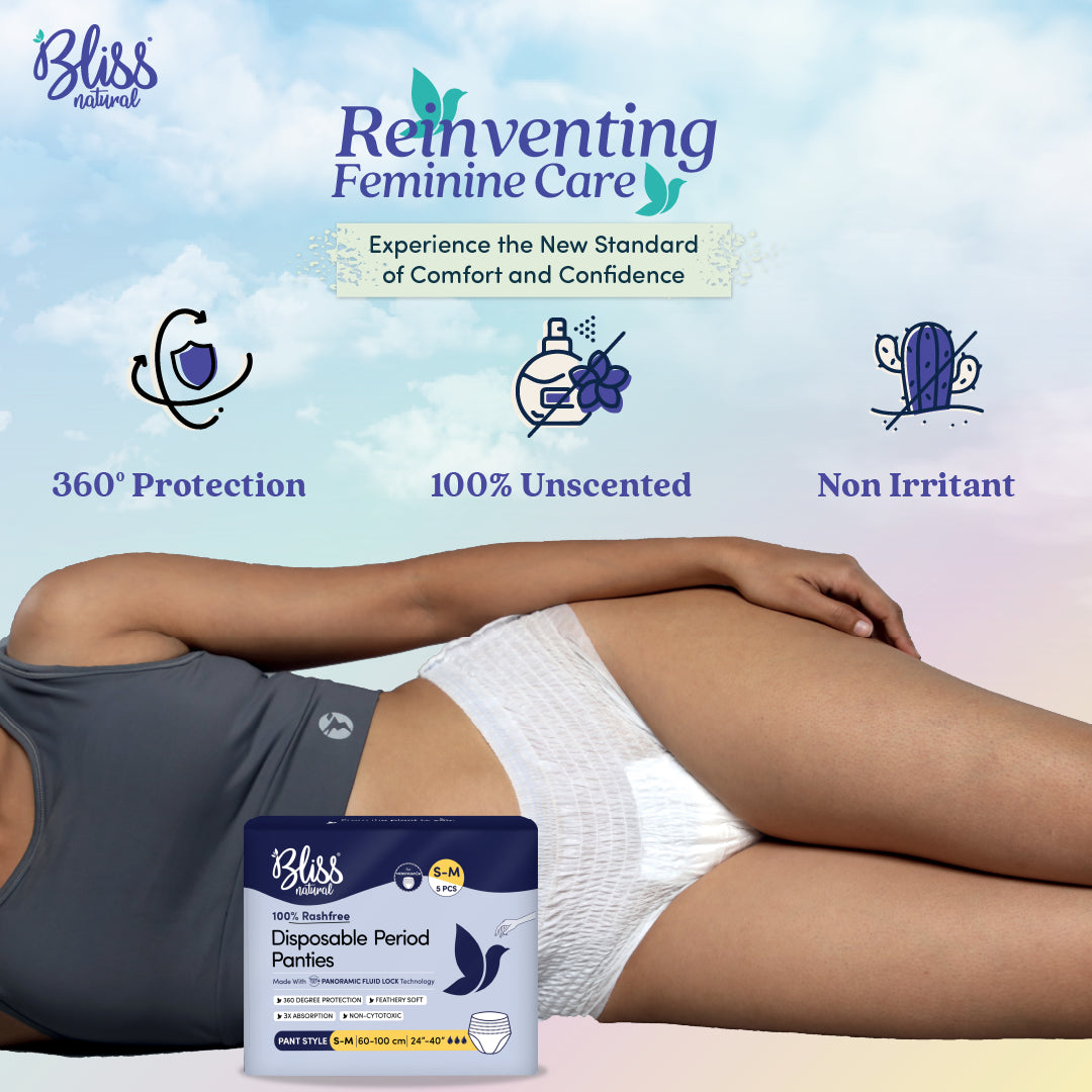 Bliss Natural Rash Free disposable Period Panties Features Logos