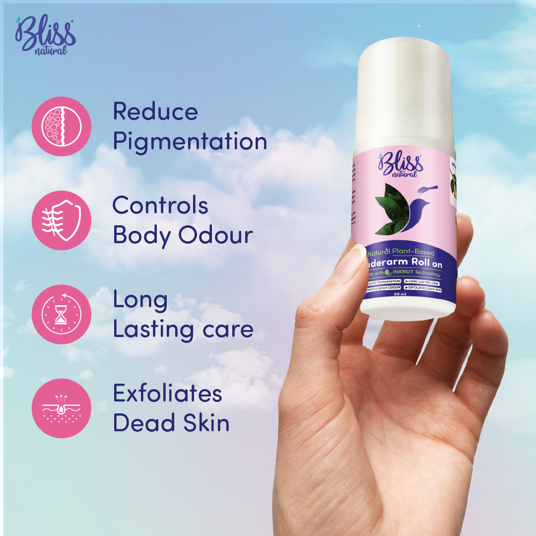 Bliss Natural Underarm roll-on deodorant with product features