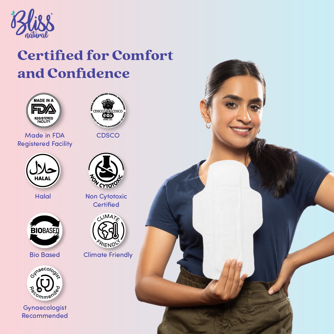 Bliss Natural sanitary pad with certification logos 