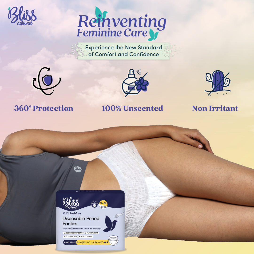 Bliss Natural 360° Protection disposable period panties pack and Features Logos