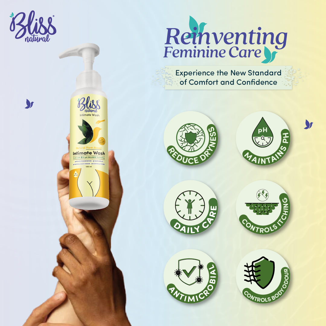 Bliss Natural Plant-Based Intimate Wash bottle held by a hand with product features