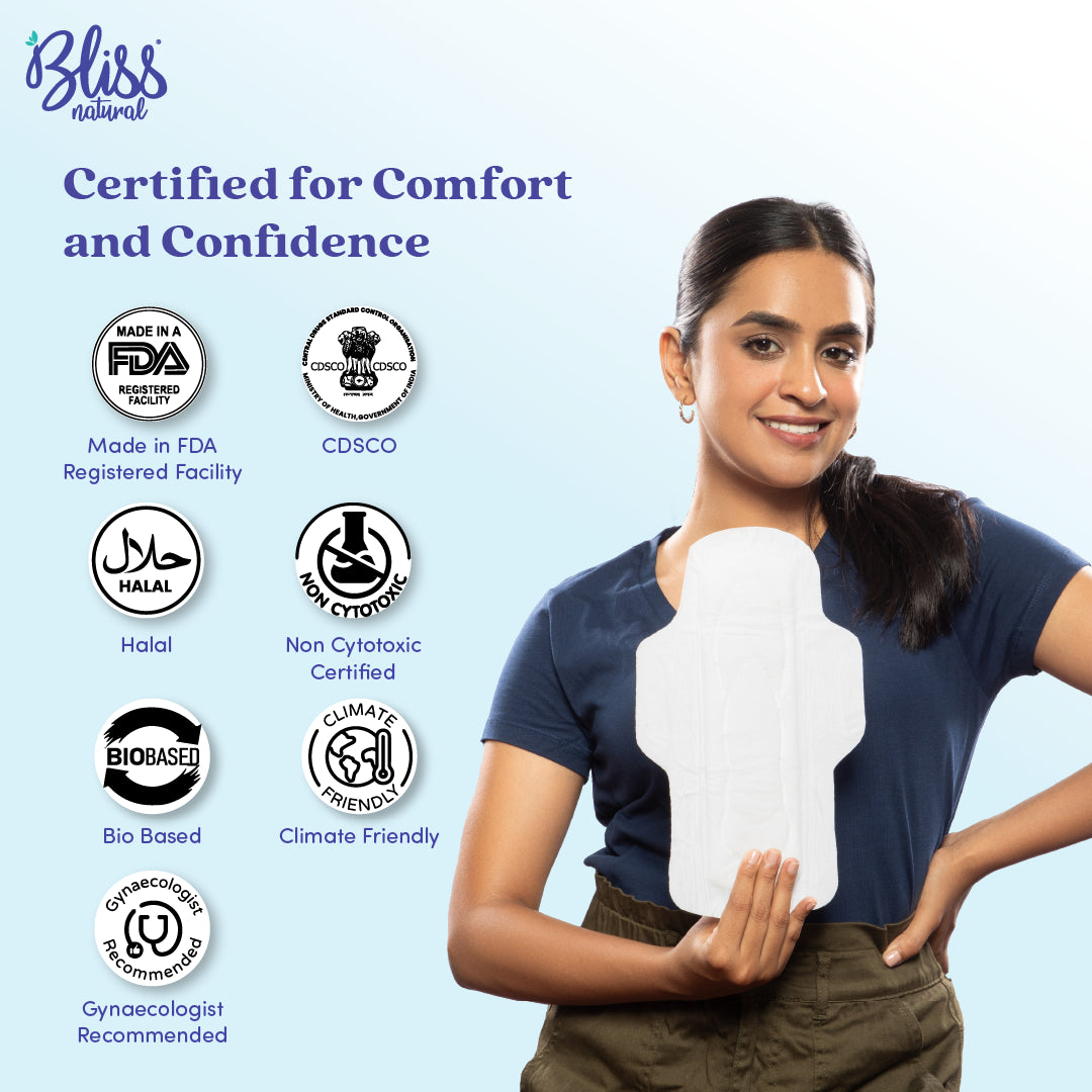 Bliss Natural Slimmy XXL Sanitary Pads Certification Logos