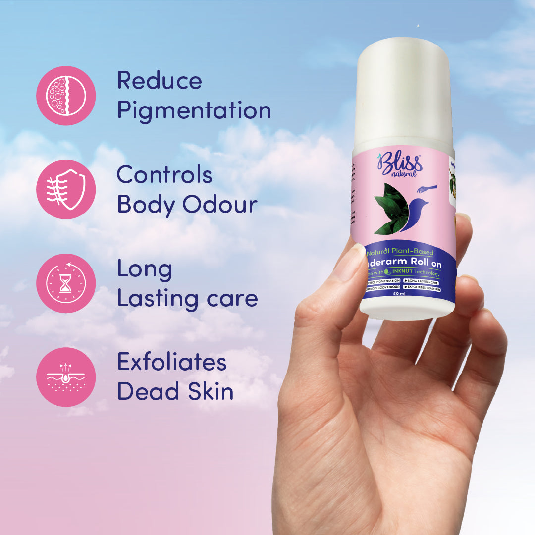 Hand holding a underarm roll-on product with text highlighting its benefits against a blue sky background