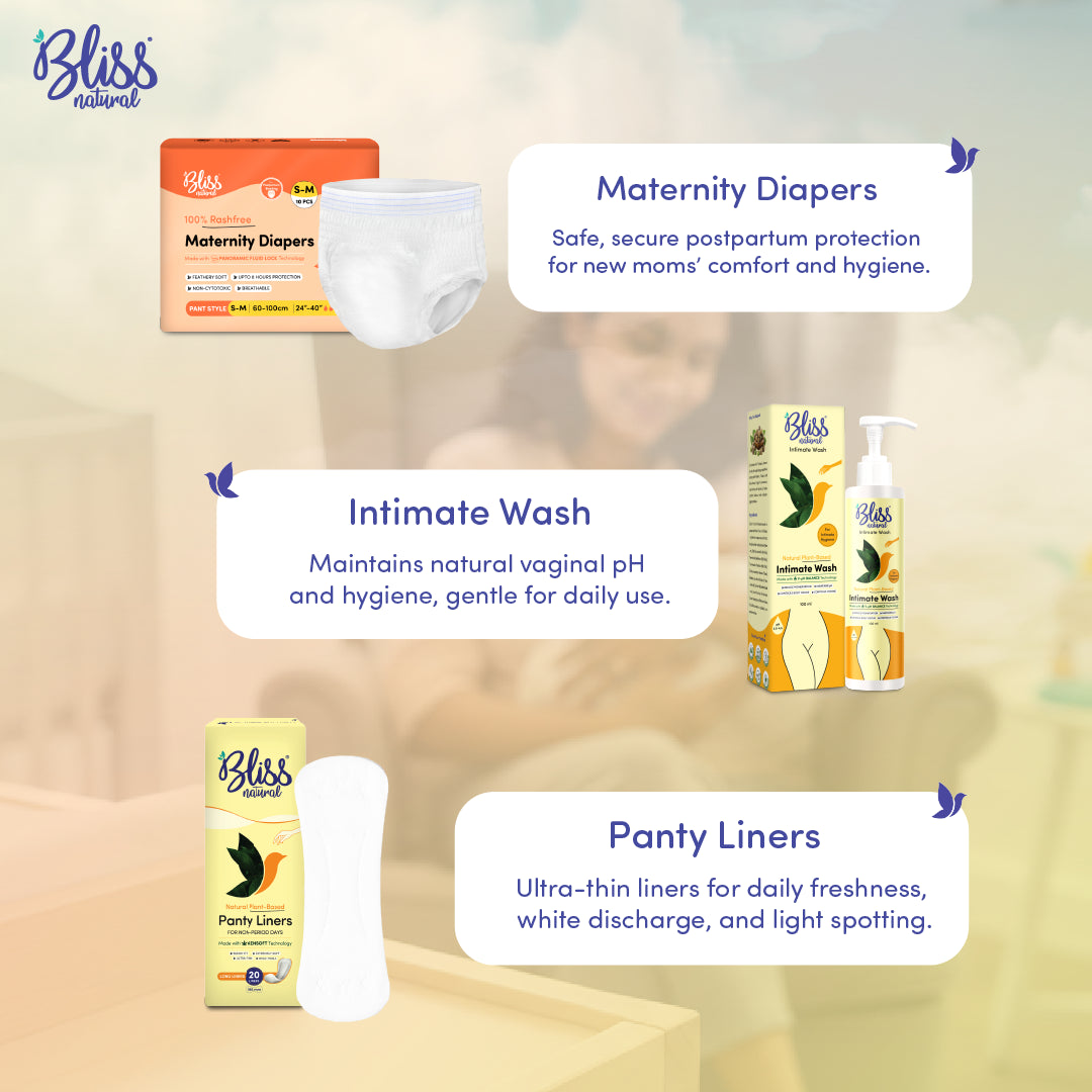Bliss Natural maternity diapers, intimate wash and panty liners for safe, gentle feminine care