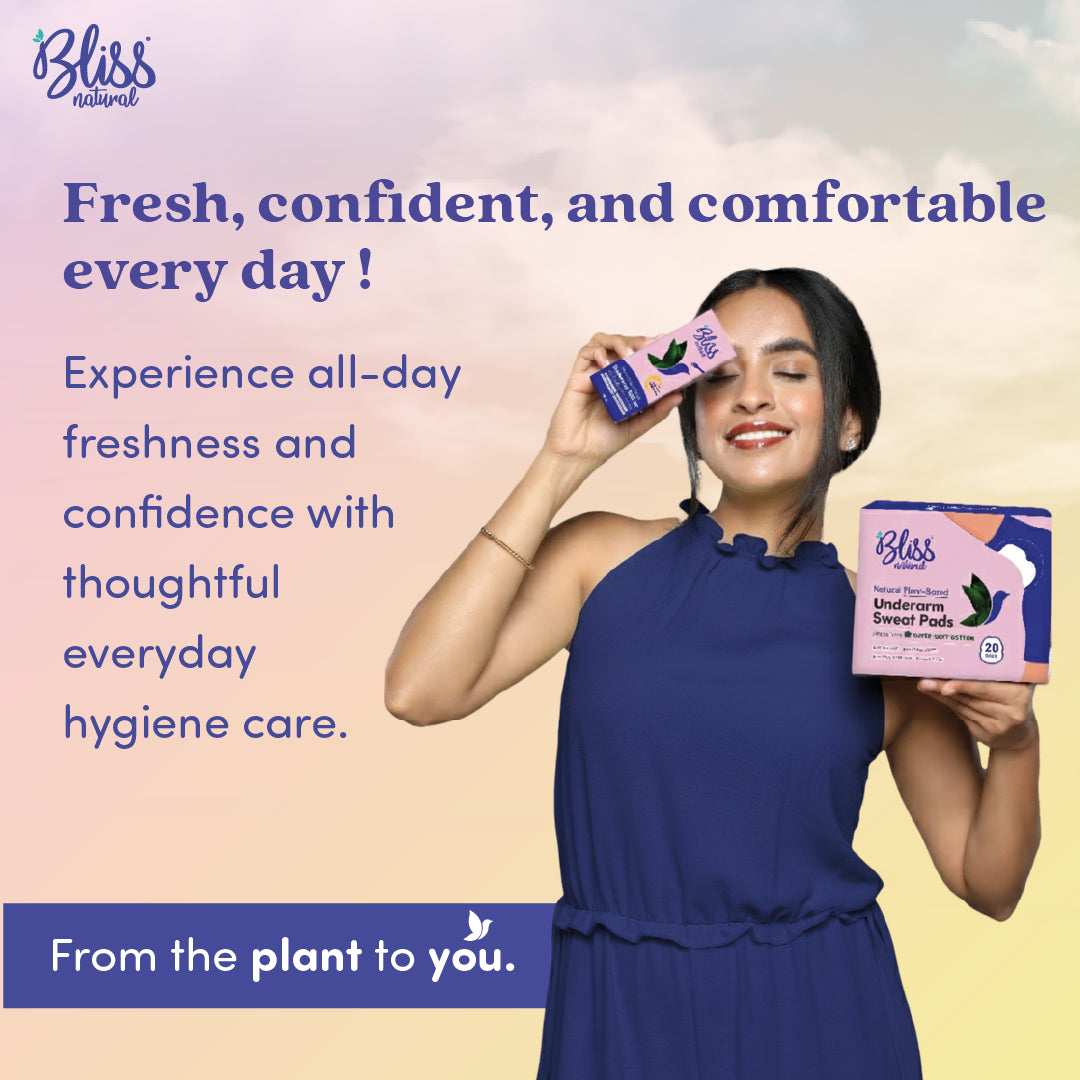 Woman holding Bliss natural products with promotional text on a gradient background.