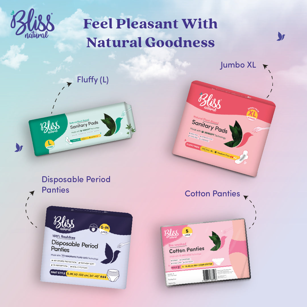 Bliss natural sanitary products including pads, panties, and disposable period pants.