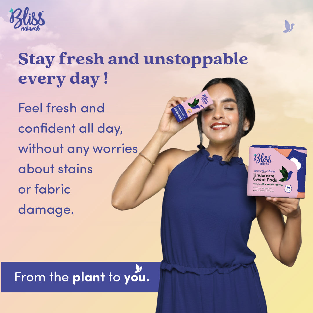 Woman holding Bliss Natural underarm sweat pads, promoting all-day freshness and confidence