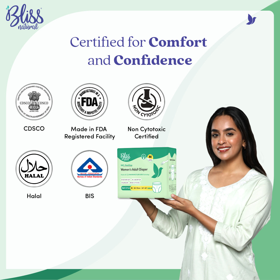Bliss Natural 100% Rash-Free Adult Diapers for Women | Pack of 10
