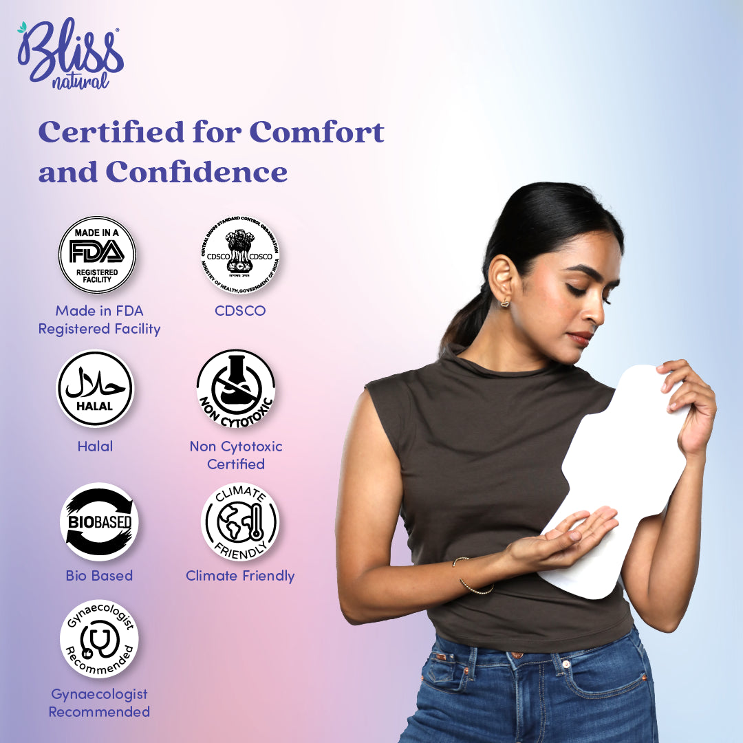 Bliss Natural sanitary pads for women, Trail Pack with Certification  logos