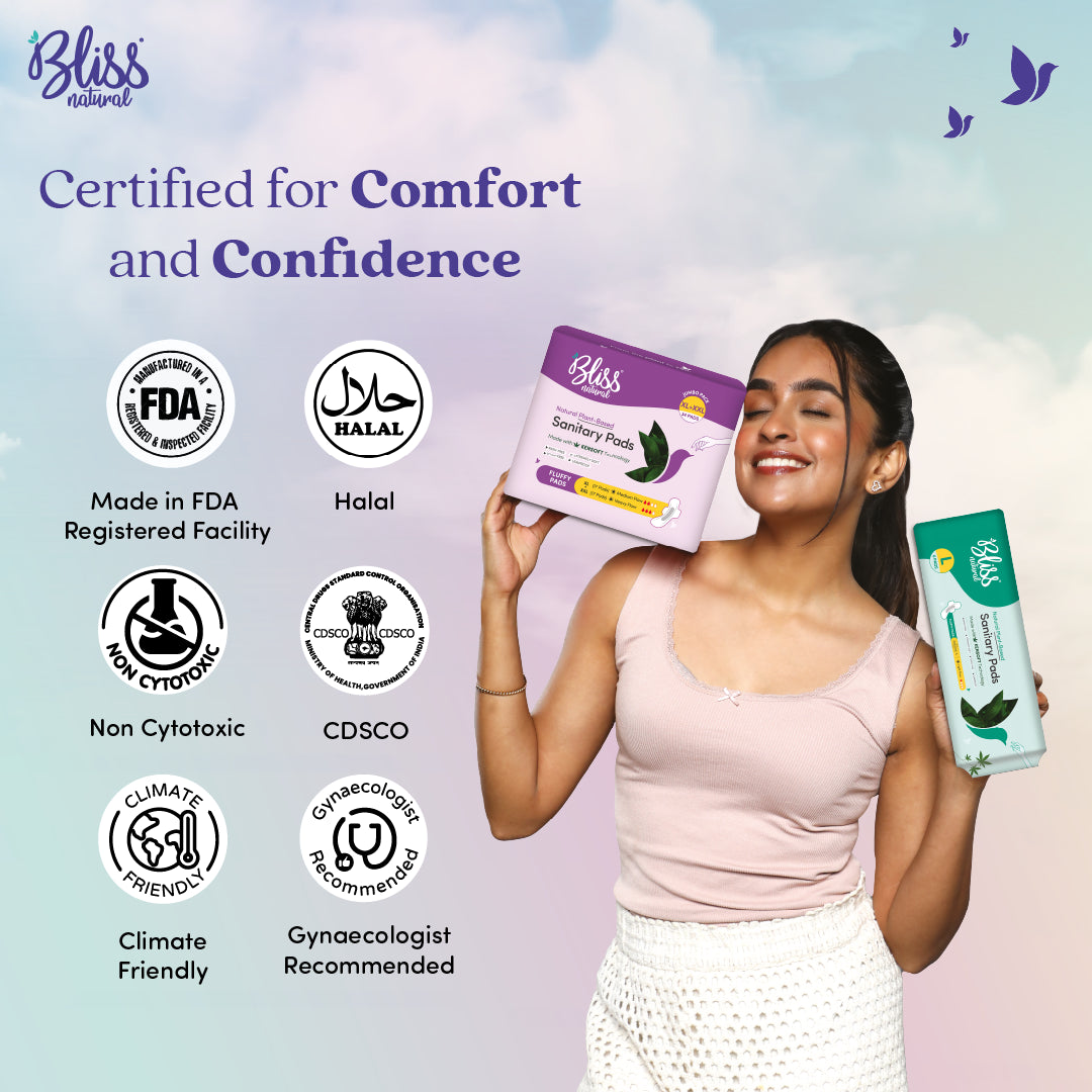 Bliss Natural Plant-Based sanitary pads  with certification logos on a gradient background