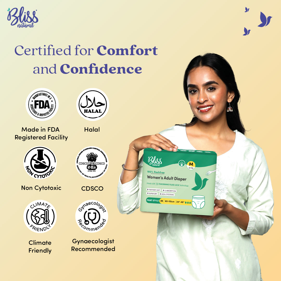 Bliss Natural women's adult diaper with certification logos