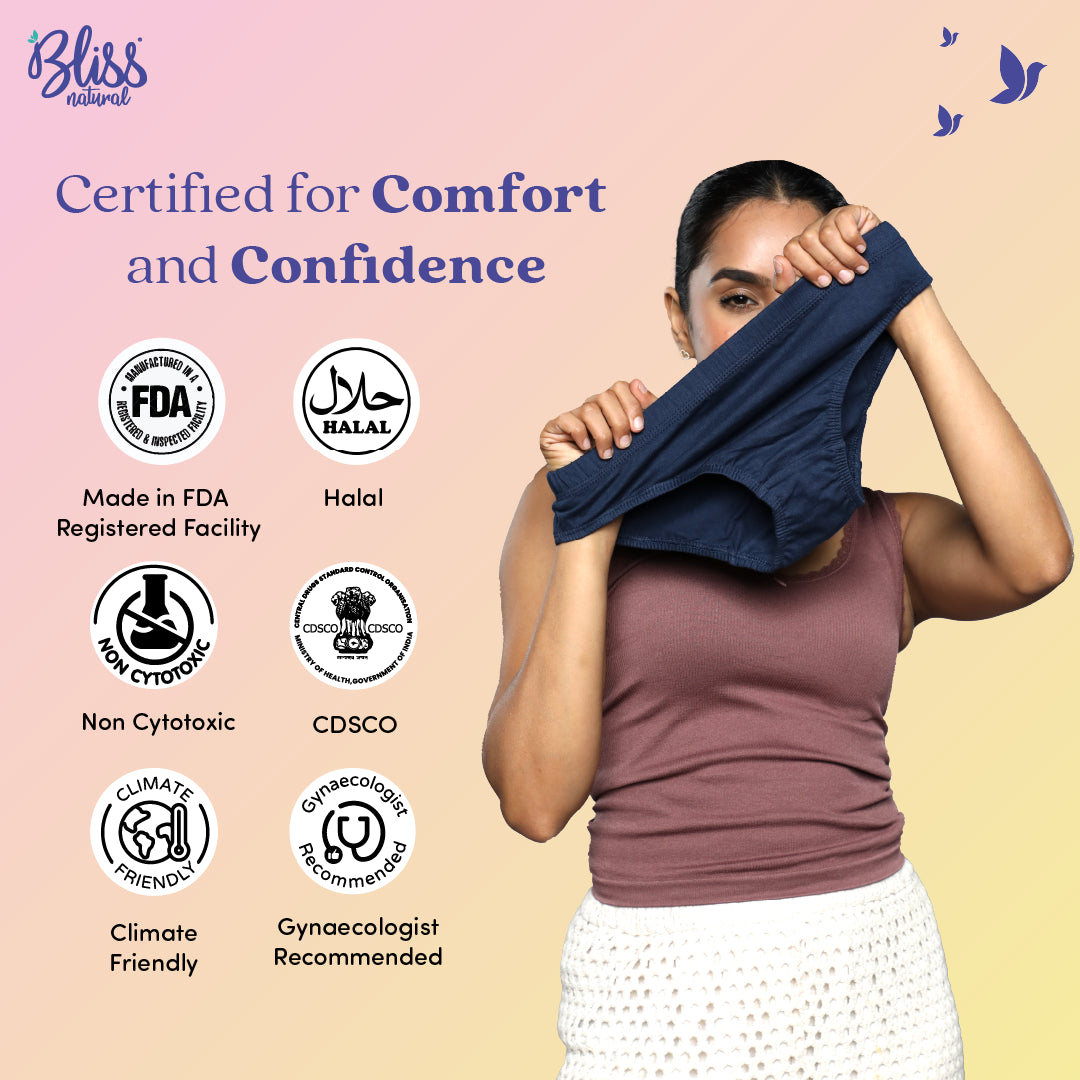 Bliss Natural Bio-Washed cotton panites Certification Logos