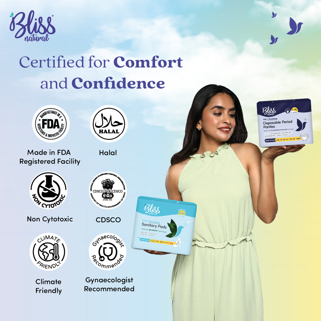 Bliss Natural Plant-Based sanitary pads and Disposable Period Panties with certification logos 
