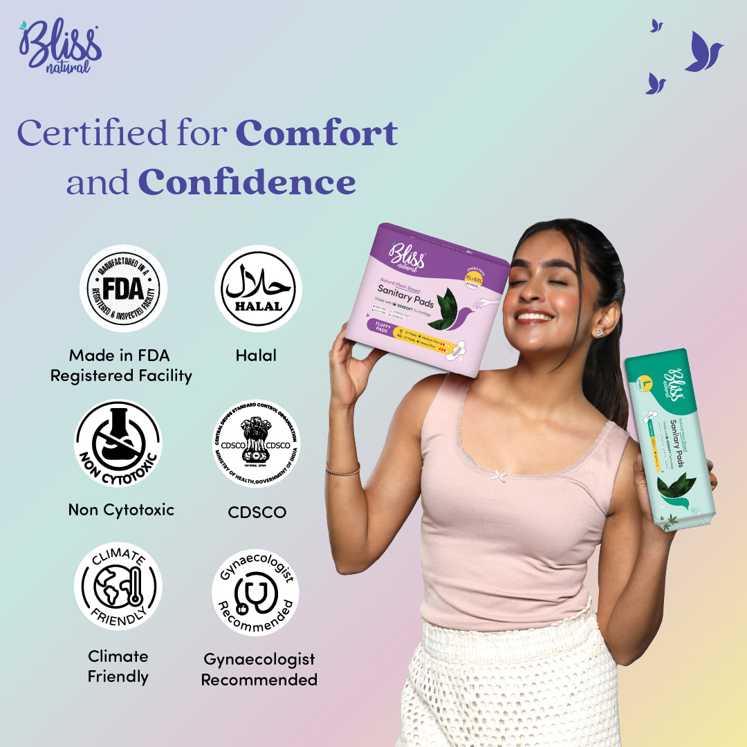 Bliss Natural Rash-free sanitary pads for women with certification logos