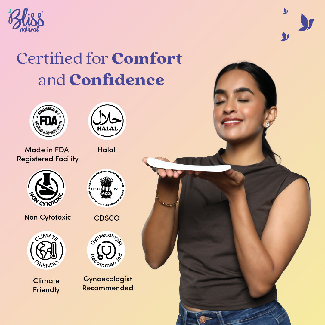 Bliss Natural Sanitary Products Certification of  Halal, Non Cytotoxic,Cdsco,Gynaecologist Recommended Logos