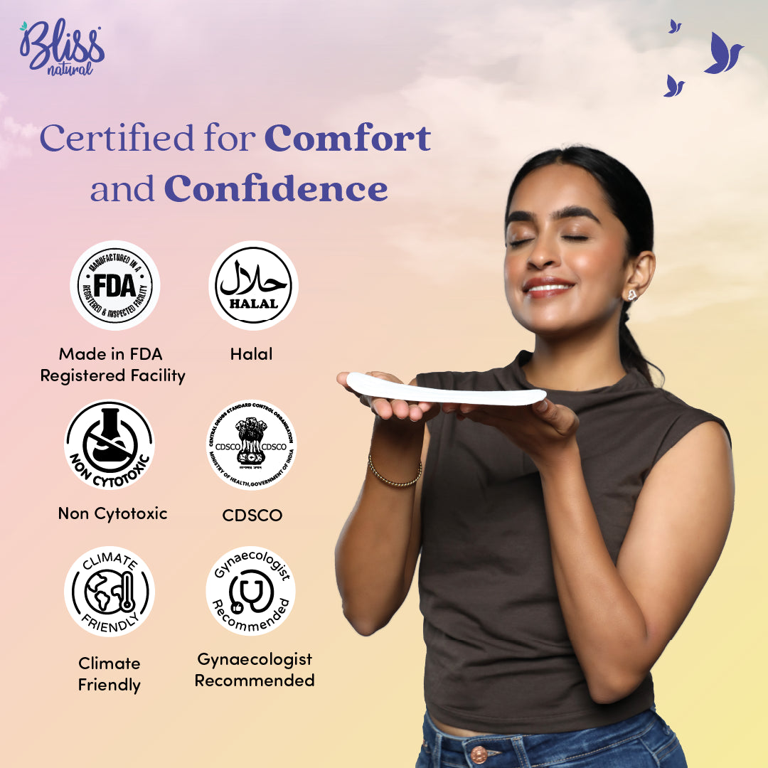 Woman holding sanitary pad with Bliss Natural FDA, halal, non-toxic and gynaecologist certified- Bliss Natural
