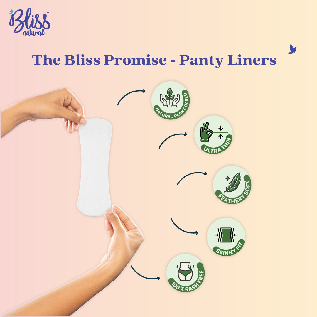Bliss natural panty liner with branding and product features on a pink background