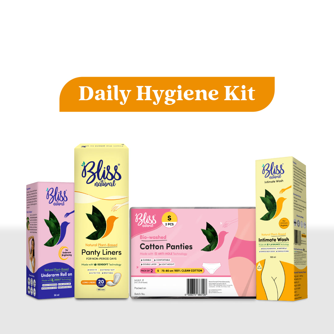 Bliss Natural Daily Hygiene Kit with Underarm roll on, panty liners, Cotton panties, and intimate wash for women