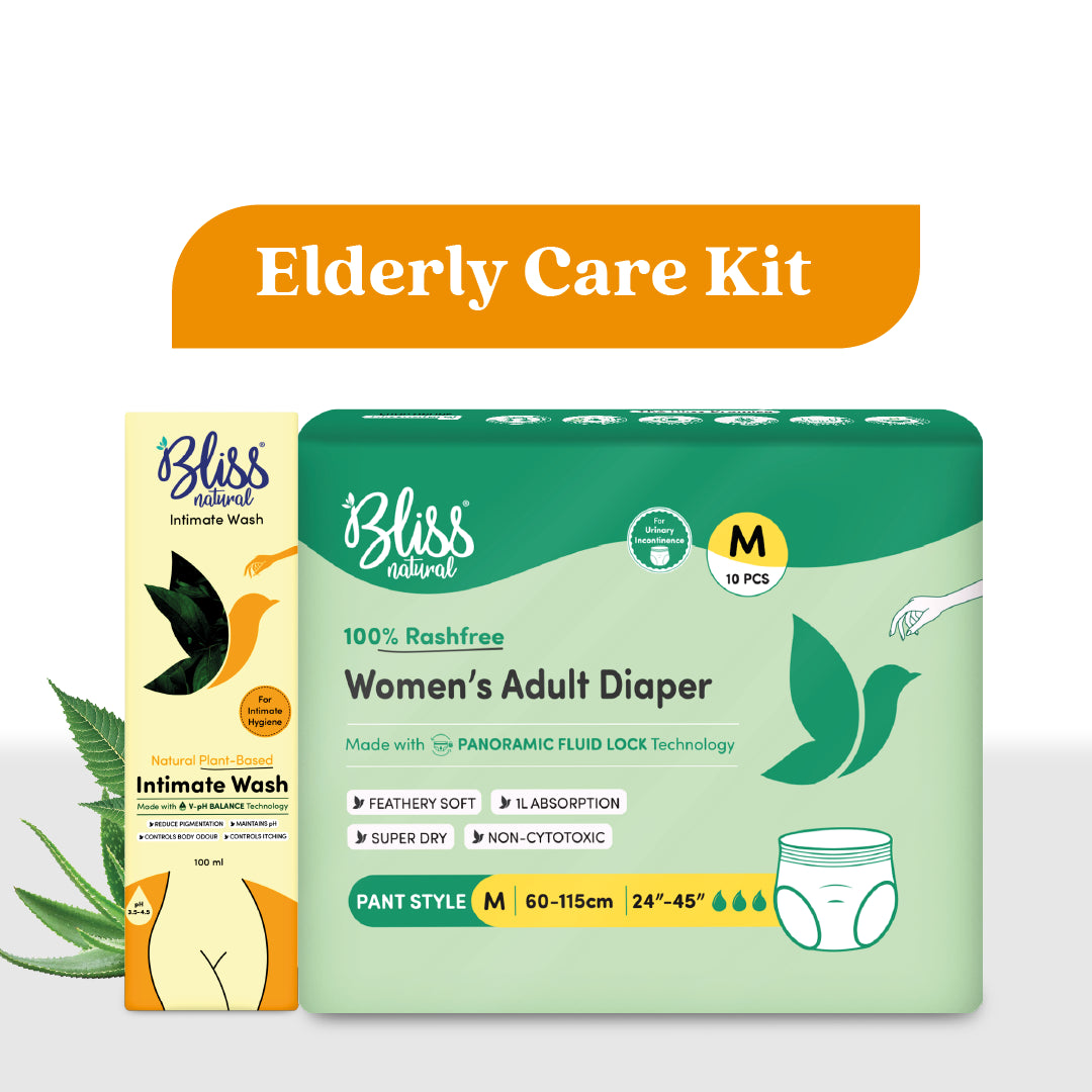 Bliss Natural Elder Care Kit, Intimate Wash and Women's Adult Diapers size M