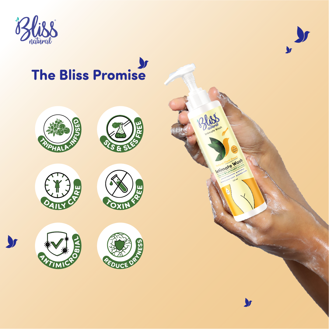 Hand holding a bottle of Bliss natural Intimate wash with brand icons and 'The Bliss Promise' text on a beige background.