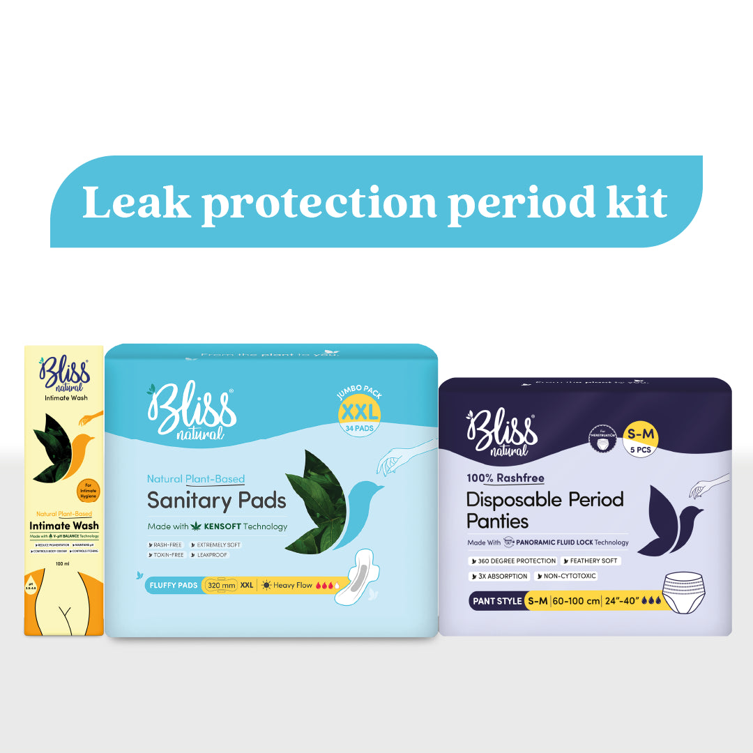 Bliss natural leak protection period kit with sanitary pads, disposable period panties, and Panty Liners