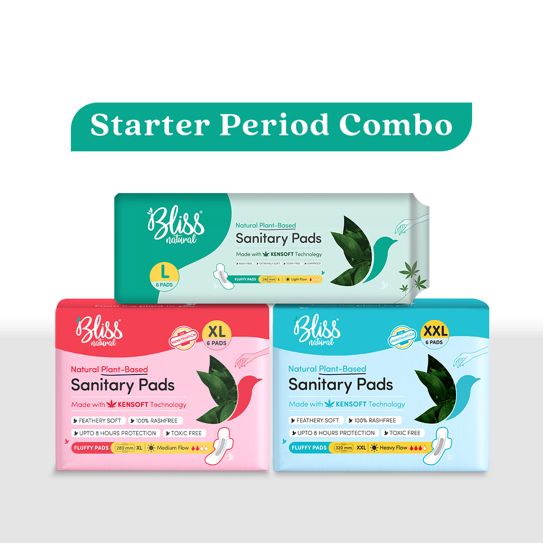 Starter Period Combo Pack (Fluffy 6 L + 6 XL + 6 XXL) Pads | 3x Absorption