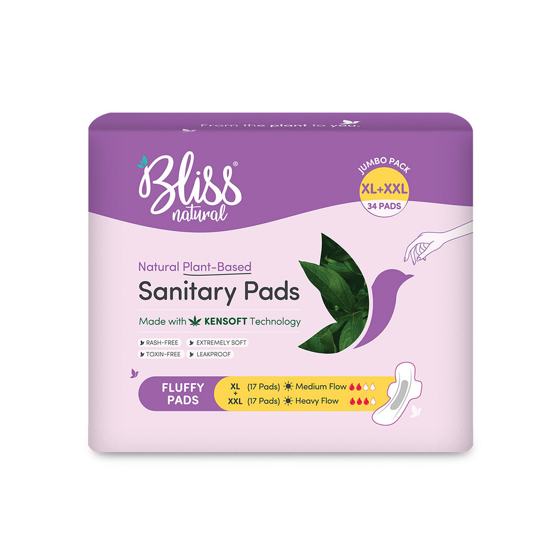 Bliss Organic Sanitary Pads XL-XXL Fluffy-Jumbo (34 Pads) | Plant Based